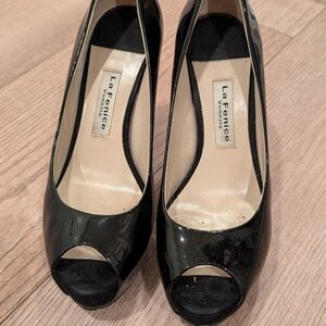 Black Patent Leather Peep Toe Heels